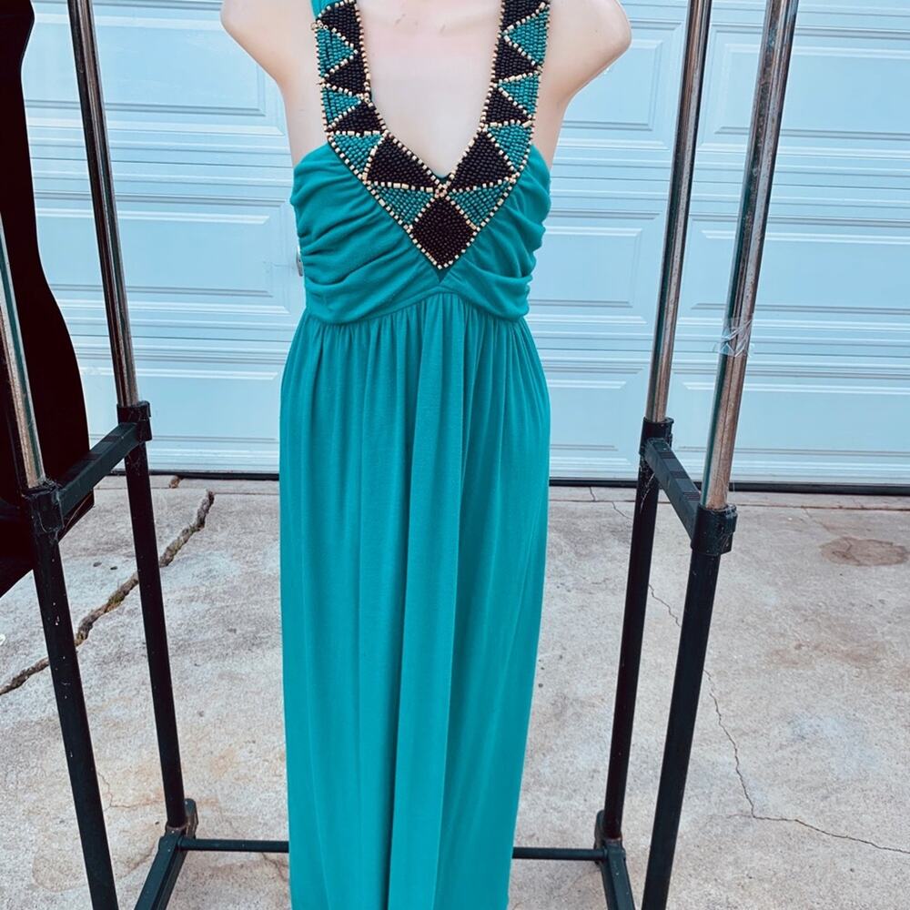 TEAL TURQUOISE BEADED NECKLINE RUCHED MAXIDRESS M